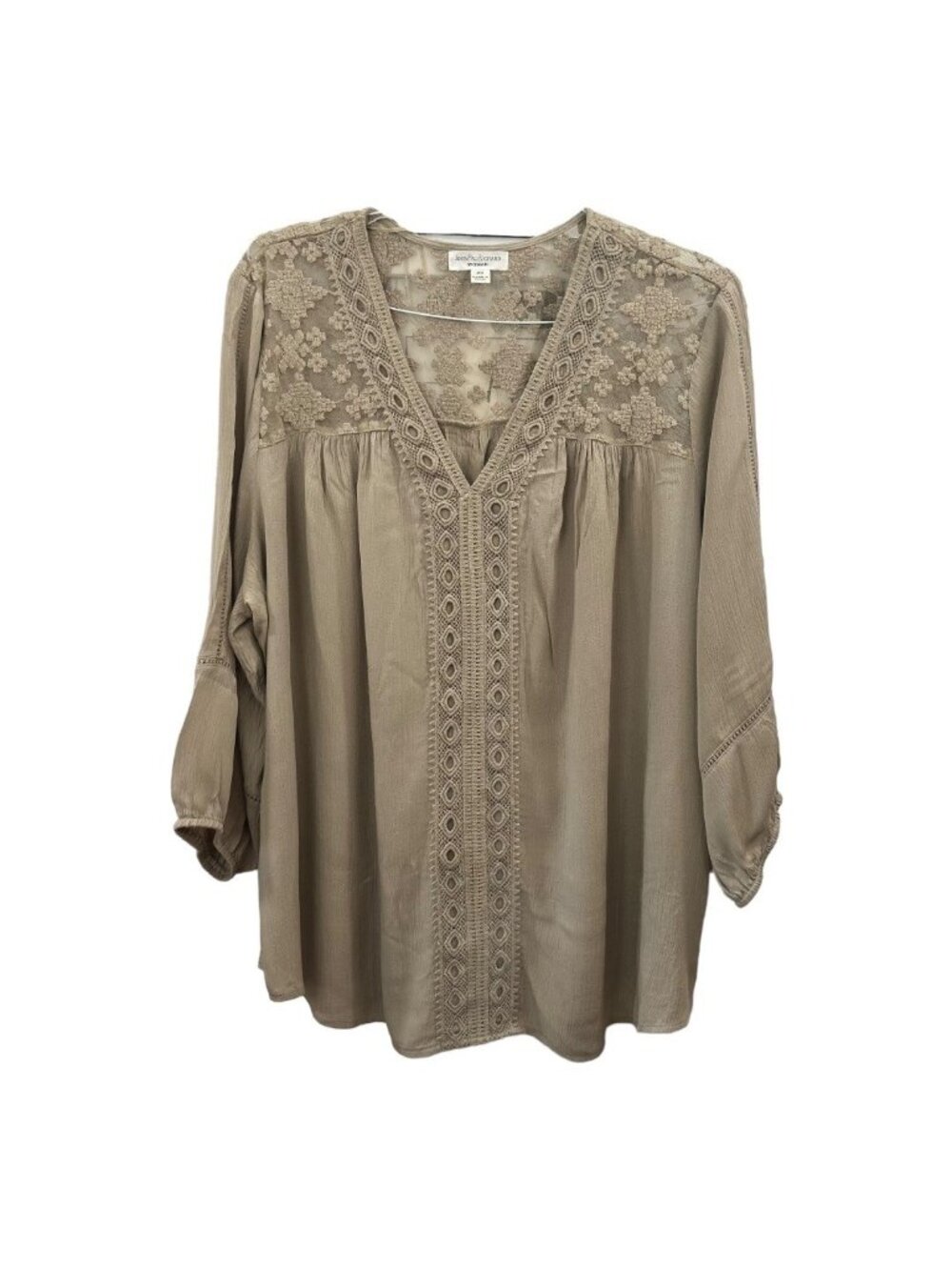 JOHN PAULRICHARD Women SZ 2X Beige Crochet/Lace Embellished Tunic Blouse